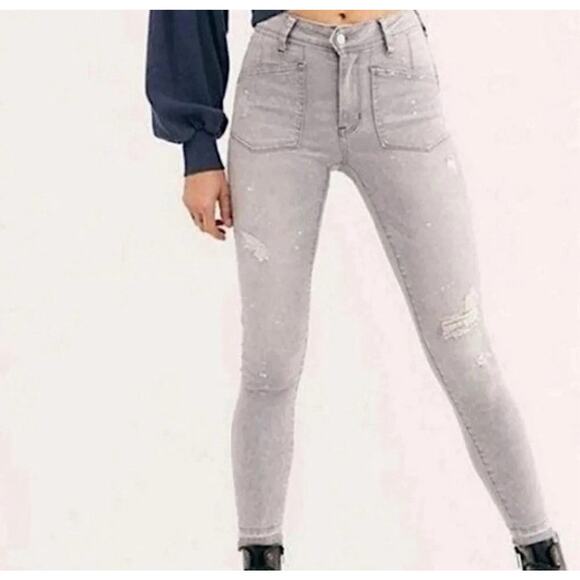 Free People We The Free Jeans Women 28 Gray Denim Paint Splatter Raw Hem Skinny - Picture 2 of 13